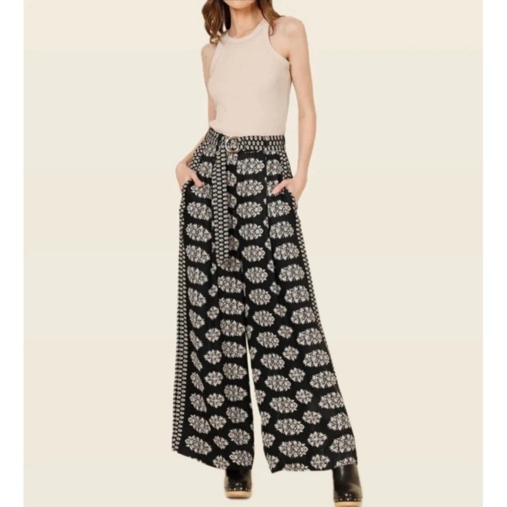 Anthropologie Omika Sinatra Wide Leg Pant Small Black White Handmade Blockprint